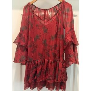Free People Red Floral Off Shoulder Peasant Top Bell Sleeve Boho Size XS